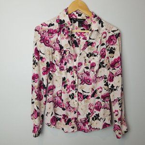 WHBM 100% Silk Floral Button Front Top Fuchsia 2